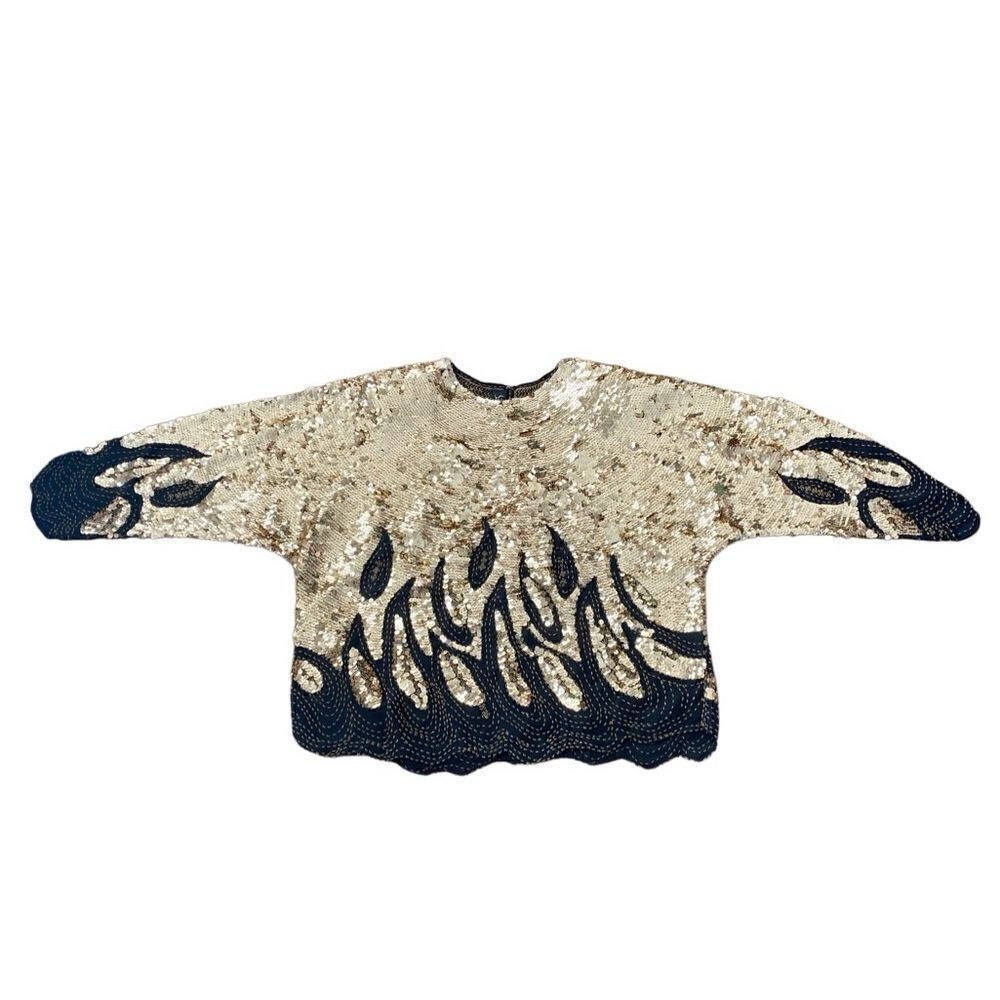 Iris Sequin Beaded Blouse Vintage Gold Black 44 - Picture 3 of 7
